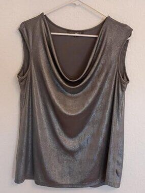 ADDITION ELLE WOMEN'S TOP SILVER GRAY SHIMMER DRAPED NECK LIQUID KNIT SIZE 1X